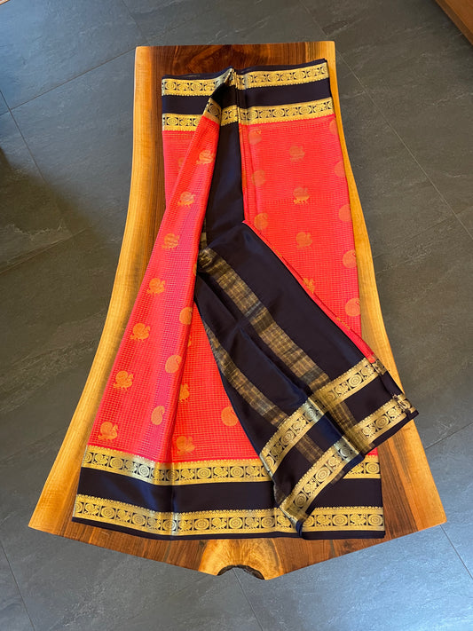 Pure Mysore Silk saree - Double Sided contrast Border with small checked/peacock(140gsm)