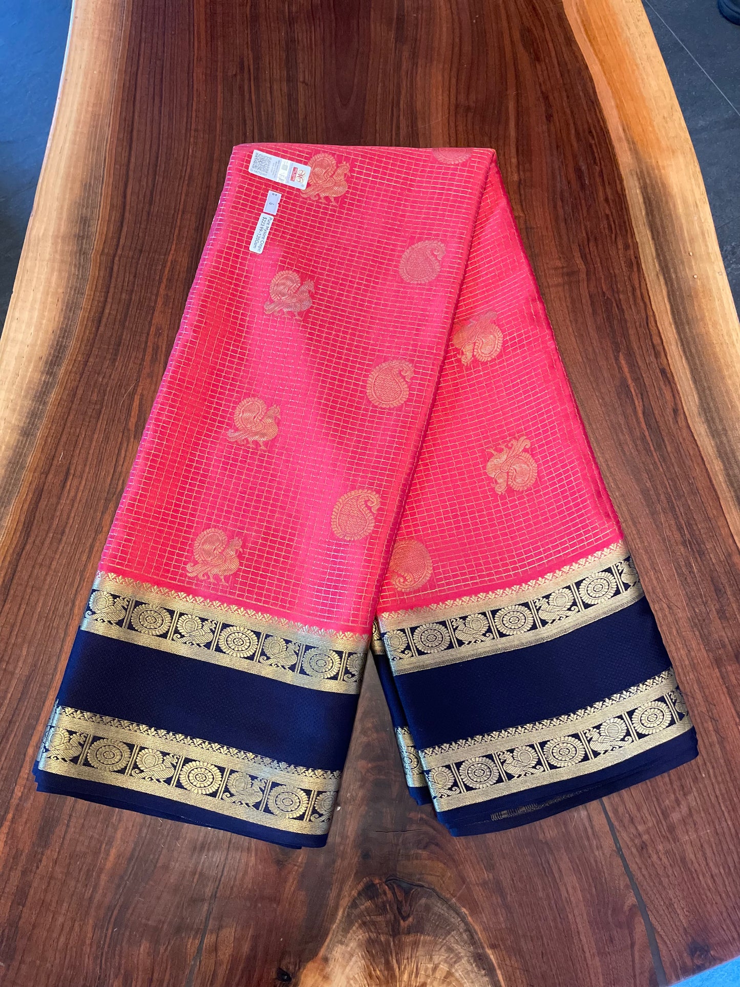 Pure Mysore Silk saree - Double Sided contrast Border with small checked/peacock(140gsm)