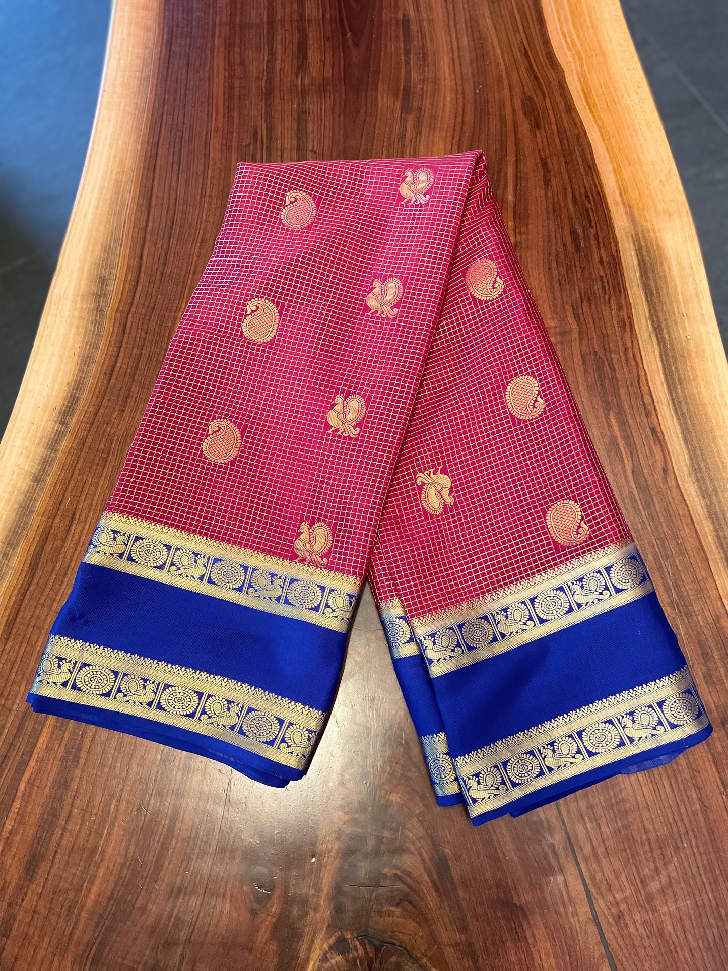 Pure Mysore Silk saree - Double Sided contrast Border with small checked/peacock(140gsm)