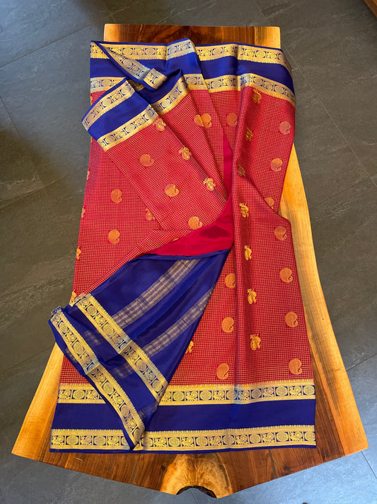 Pure Mysore Silk saree - Double Sided contrast Border with small checked/peacock(140gsm)
