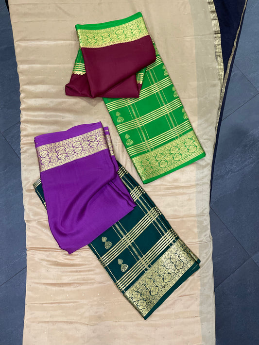 Pure Mysore Silk Saree - Double Sided lined border(130gsm)